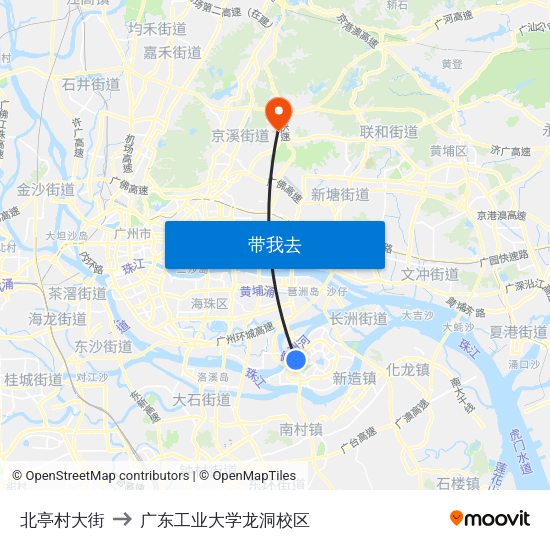 北亭村大街 to 广东工业大学龙洞校区 map