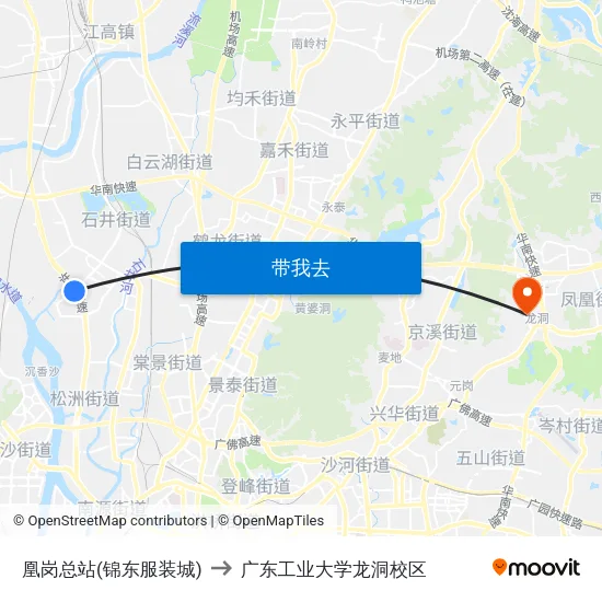 凰岗总站(锦东服装城) to 广东工业大学龙洞校区 map