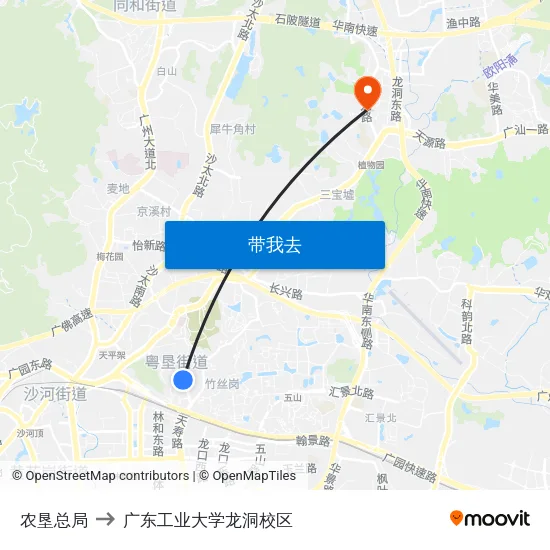 农垦总局 to 广东工业大学龙洞校区 map