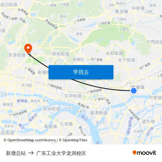 新塘总站 to 广东工业大学龙洞校区 map