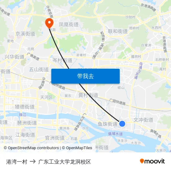 港湾一村 to 广东工业大学龙洞校区 map