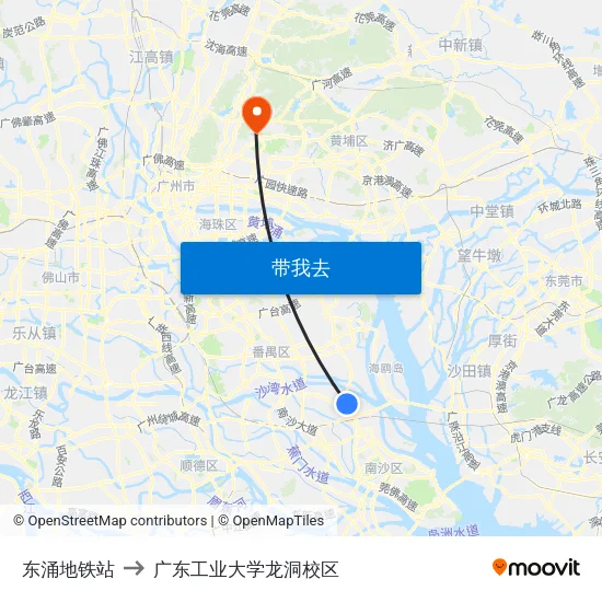 东涌地铁站 to 广东工业大学龙洞校区 map