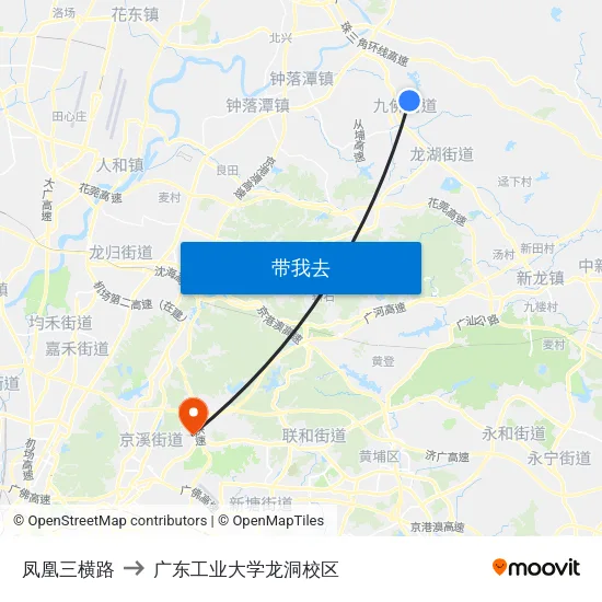凤凰三横路 to 广东工业大学龙洞校区 map