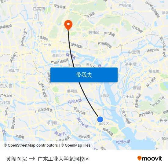 黄阁医院 to 广东工业大学龙洞校区 map