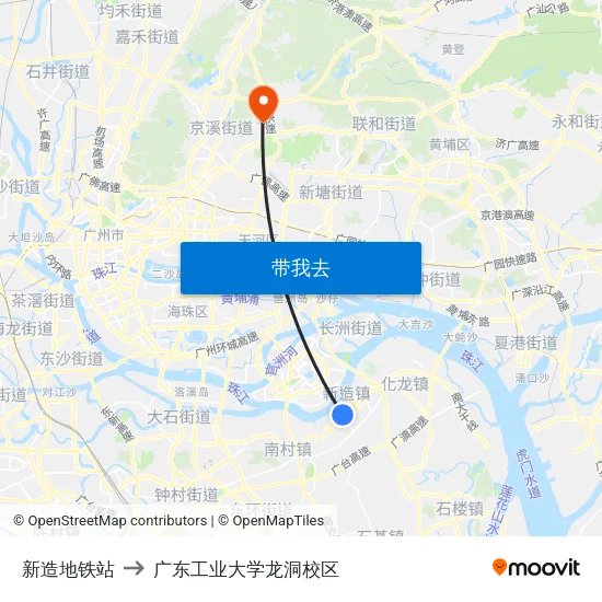 新造地铁站 to 广东工业大学龙洞校区 map