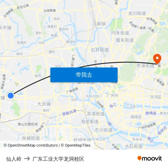 仙人岭 to 广东工业大学龙洞校区 map