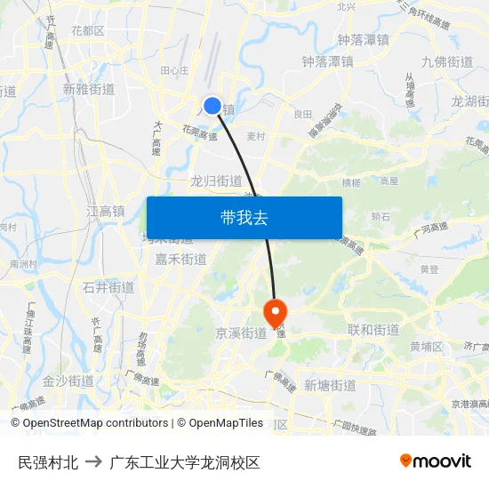 民强村北 to 广东工业大学龙洞校区 map