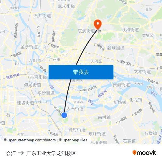 会江 to 广东工业大学龙洞校区 map