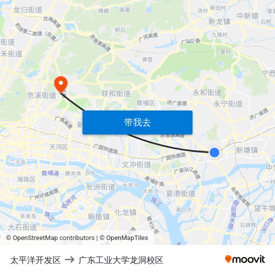 太平洋开发区 to 广东工业大学龙洞校区 map