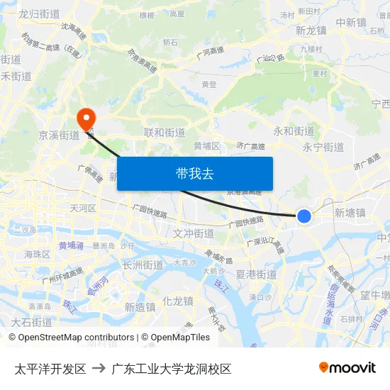 太平洋开发区 to 广东工业大学龙洞校区 map