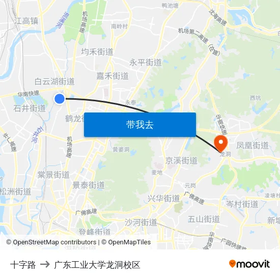 十字路 to 广东工业大学龙洞校区 map
