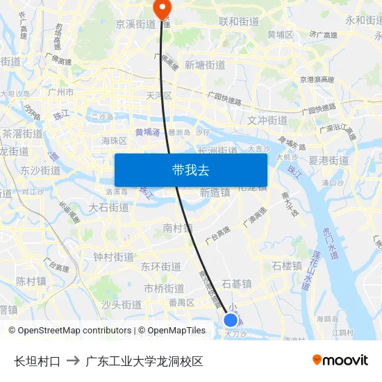 长坦村口 to 广东工业大学龙洞校区 map