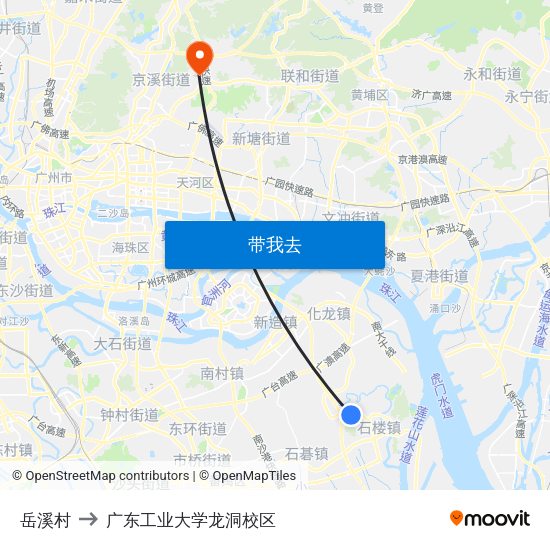岳溪村 to 广东工业大学龙洞校区 map