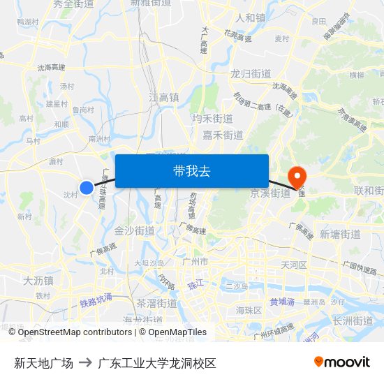 新天地广场 to 广东工业大学龙洞校区 map