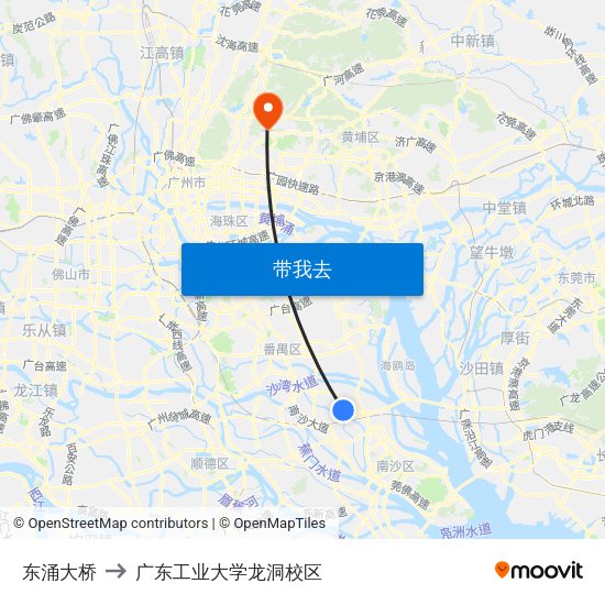 东涌大桥 to 广东工业大学龙洞校区 map