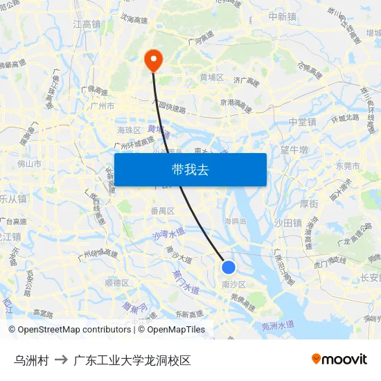 乌洲村 to 广东工业大学龙洞校区 map