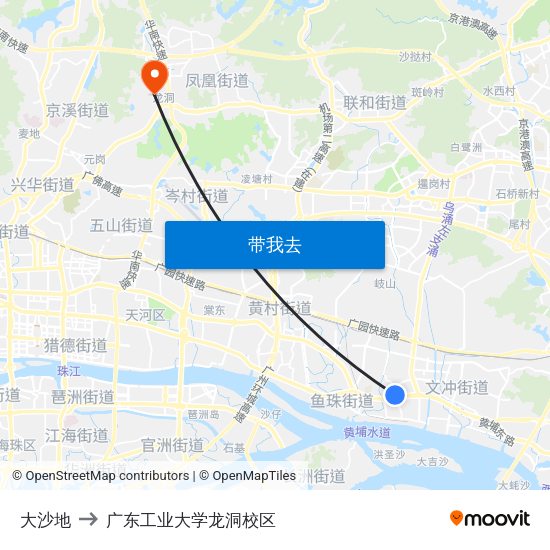 大沙地 to 广东工业大学龙洞校区 map
