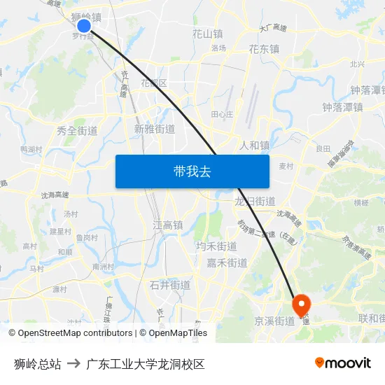 狮岭总站 to 广东工业大学龙洞校区 map