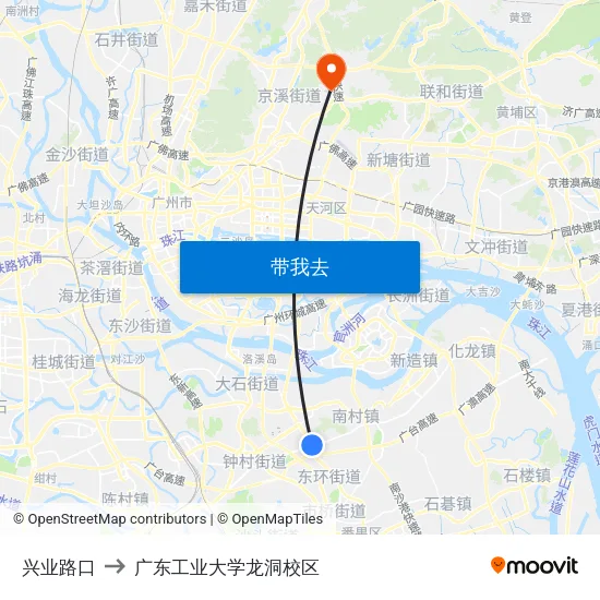 兴业路口 to 广东工业大学龙洞校区 map