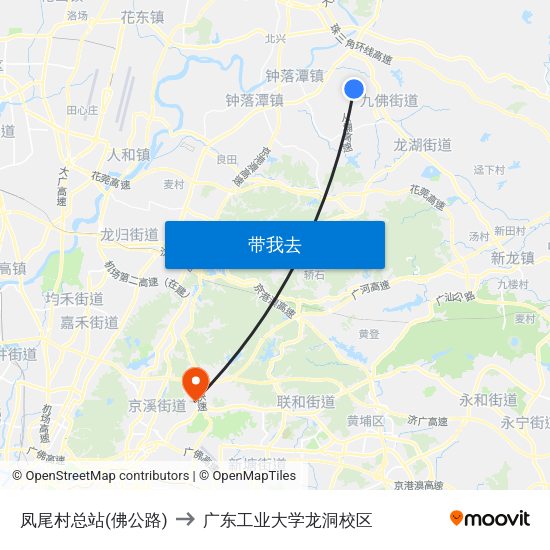 凤尾村总站(佛公路) to 广东工业大学龙洞校区 map