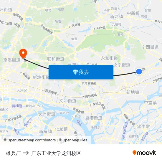 雄兵厂 to 广东工业大学龙洞校区 map