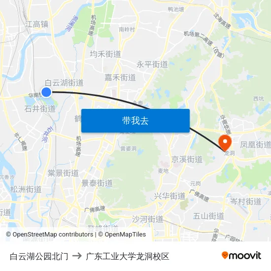 白云湖公园北门 to 广东工业大学龙洞校区 map