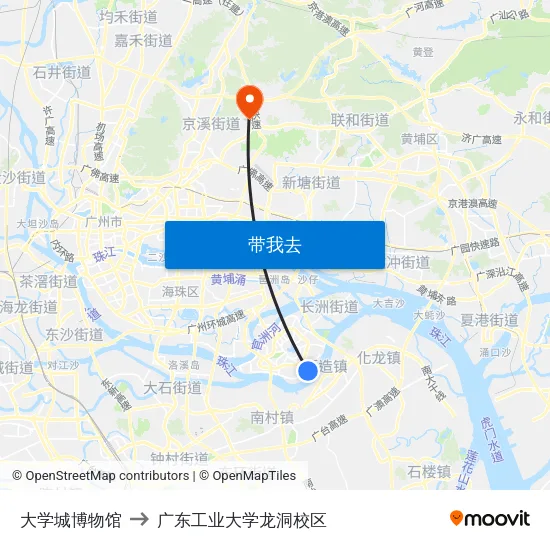 大学城博物馆 to 广东工业大学龙洞校区 map