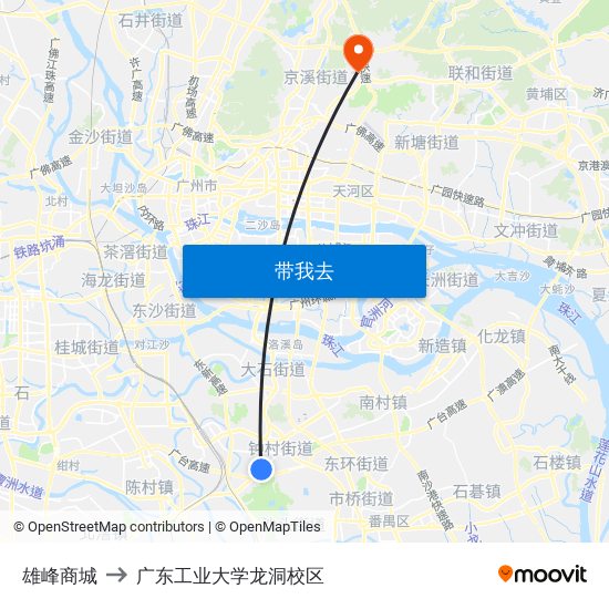 雄峰商城 to 广东工业大学龙洞校区 map