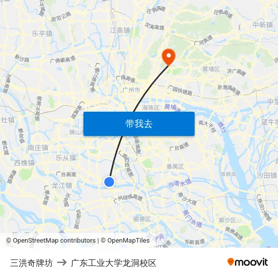 三洪奇牌坊 to 广东工业大学龙洞校区 map