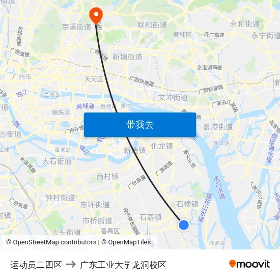 运动员二四区 to 广东工业大学龙洞校区 map