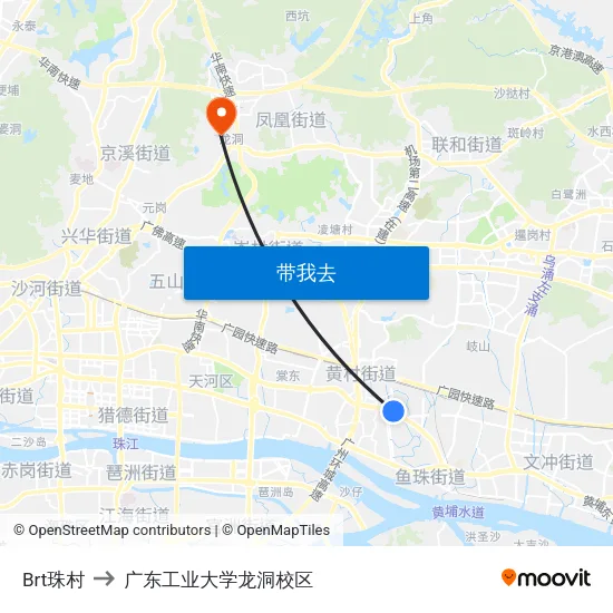 Brt珠村 to 广东工业大学龙洞校区 map