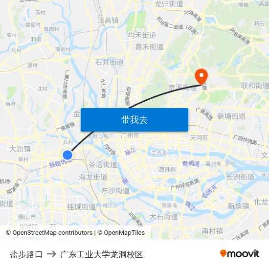 盐步路口 to 广东工业大学龙洞校区 map