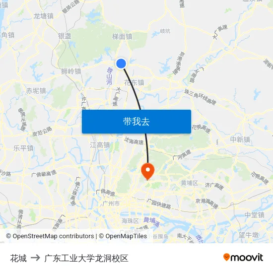 花城 to 广东工业大学龙洞校区 map