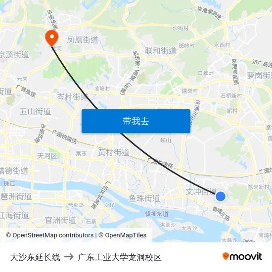 大沙东延长线 to 广东工业大学龙洞校区 map