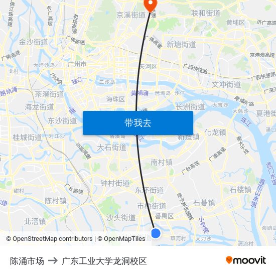 陈涌市场 to 广东工业大学龙洞校区 map