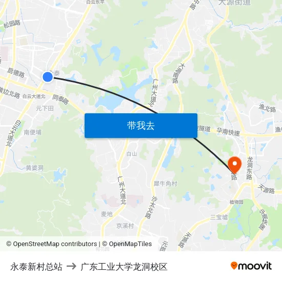永泰新村总站 to 广东工业大学龙洞校区 map