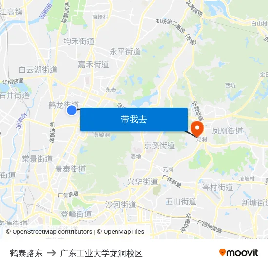 鹤泰路东 to 广东工业大学龙洞校区 map