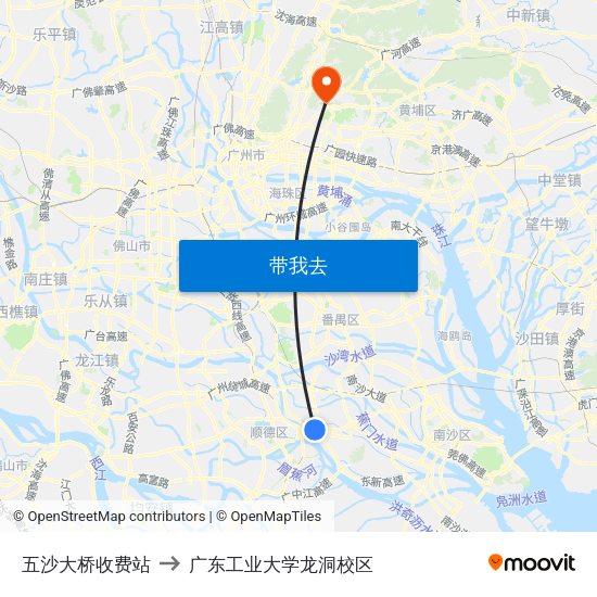 五沙大桥收费站 to 广东工业大学龙洞校区 map