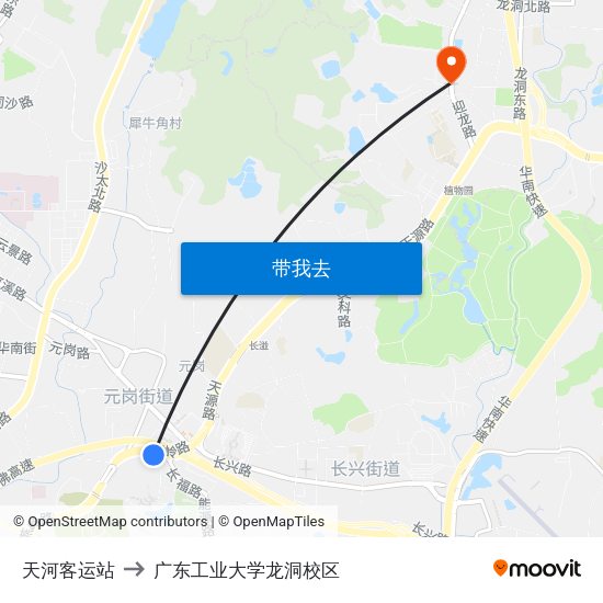 天河客运站 to 广东工业大学龙洞校区 map