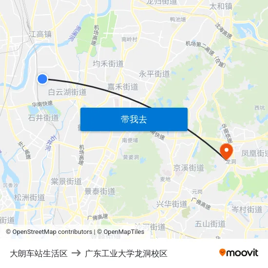 大朗车站生活区 to 广东工业大学龙洞校区 map
