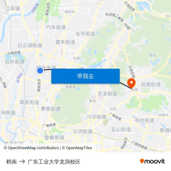鹤南 to 广东工业大学龙洞校区 map