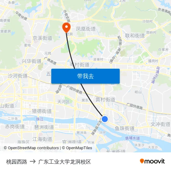 桃园西路 to 广东工业大学龙洞校区 map