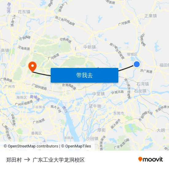 郑田村 to 广东工业大学龙洞校区 map