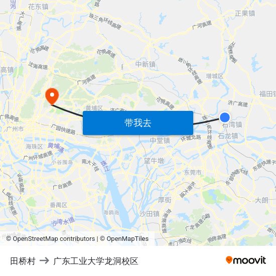 田桥村 to 广东工业大学龙洞校区 map