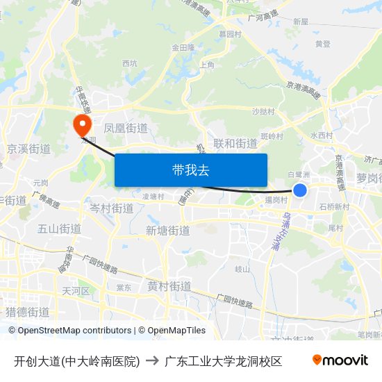 开创大道(中大岭南医院) to 广东工业大学龙洞校区 map