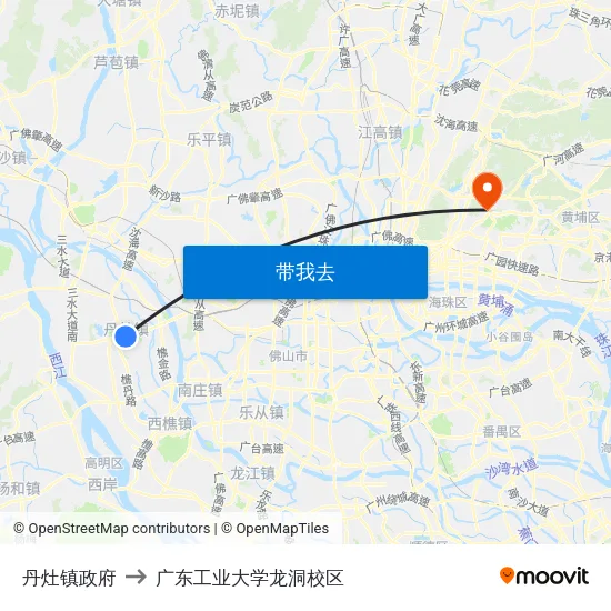丹灶镇政府 to 广东工业大学龙洞校区 map
