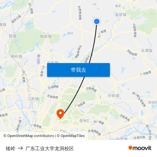 矮岭 to 广东工业大学龙洞校区 map