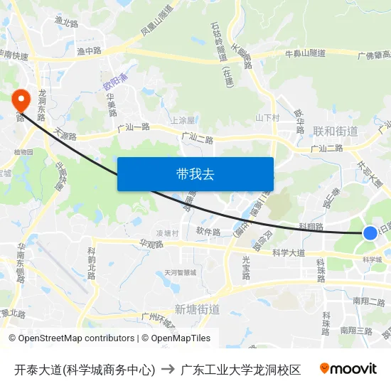开泰大道(科学城商务中心) to 广东工业大学龙洞校区 map