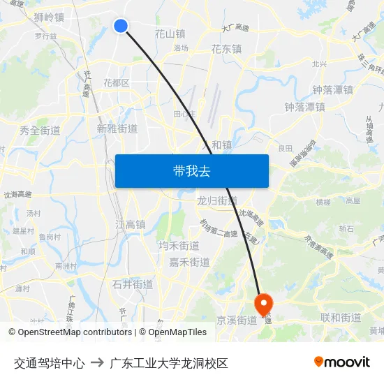 交通驾培中心 to 广东工业大学龙洞校区 map