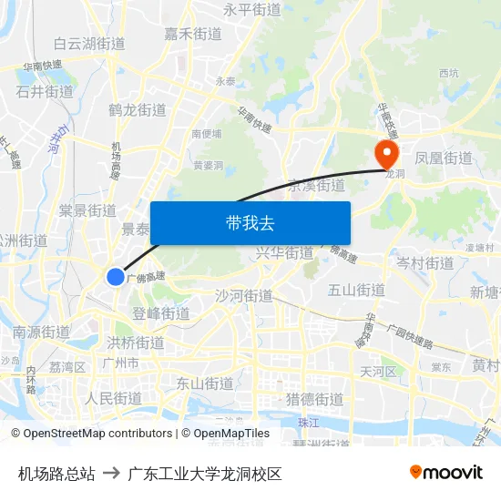 机场路总站 to 广东工业大学龙洞校区 map